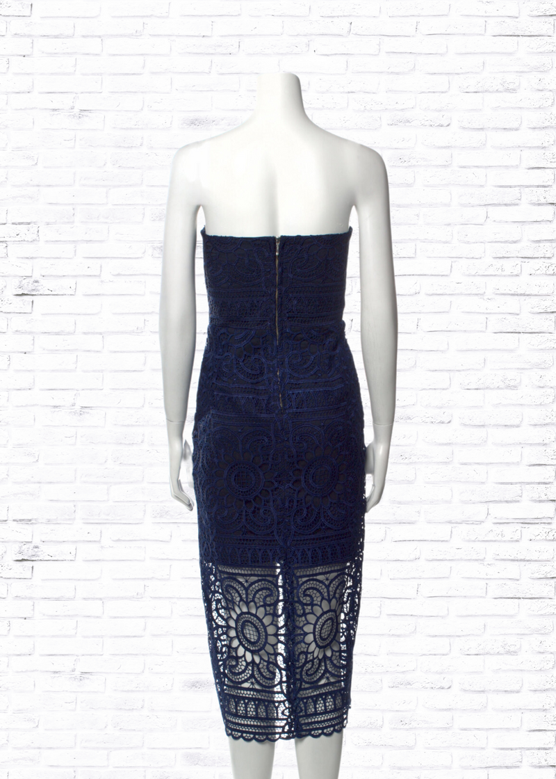 Nicholas Navy Lace Sheath Midi Cocktail  Dress