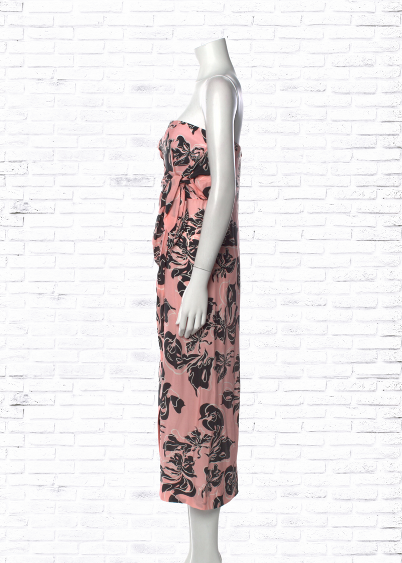 Cedric Charlier Silk Pink-Printed Strapless Midi Dress