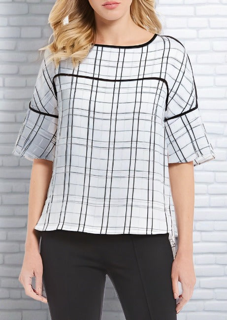 Calvin Klein Hi-Lo Piped Plaid Trim Top