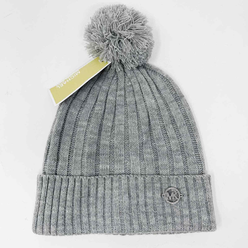 Michael Michael Kors Gray Ribbed Cuffed Pom-Pom Beanie